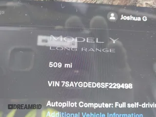 2025 Tesla Model Y Long Range with VIN 7SAYGDED6SF229498, listed as a IAAI auction lot 41086718 with 509 mi miles and . Bid and sale history available at DreamBid. Image 16.