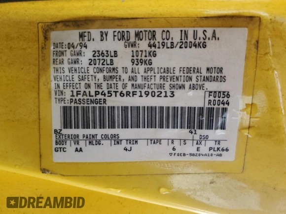 1994 Ford Mustang with VIN 1FALP45T6RF190213, listed as a Copart auction lot 61139925 with 177,719 mi miles and Salvage title. Bid and sale history available at DreamBid. Image 12.