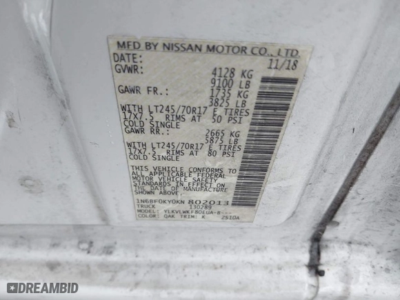 2019 Nissan NV Cargo SV with VIN 1N6BF0KY0KN802013, listed as a IAAI auction lot 41350746 with 1 miles. Bid and sale history available at carsss.com. Image 9.