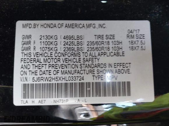 2017 Honda CR-V EX with VIN 5J6RW2H5XHL033724, listed as a IAAI auction lot 41686983 with 33,678 mi miles. Bid and sale history available at carsss.com. Image 9.