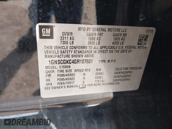 2016 Chevrolet Suburban LS с VIN 1GNSCGKC4GR107601, выставлен на аукционе IAAI как лот 41851819 с пробегом 481 158 миль миль и . История ставок и продаж доступна на DreamBid. Изображение 9.