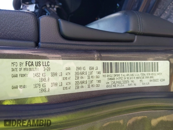 2020 Jeep Grand Cherokee Altitude with VIN 1C4RJFAG6LC325970, listed as a IAAI auction lot 42199817 with 51,259 mi miles and . Bid and sale history available at DreamBid. Image 9.