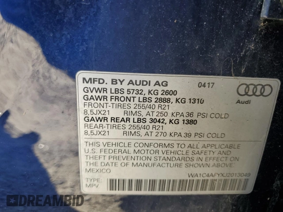 2018 Audi SQ5 Prestige with VIN WA1C4AFYXJ2013049, listed as a Copart auction lot 75816324 with 83,946 mi miles and Salvage Title. Bid and sale history available at DreamBid. Image 16.