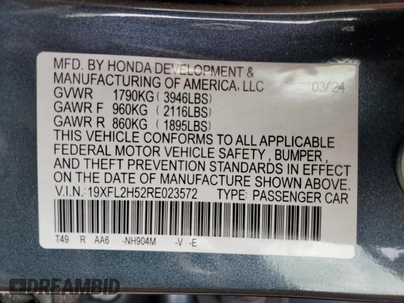 2024 Honda Civic LX с VIN 19XFL2H52RE023572, выставлен на аукционе Copart как лот 55791845 с пробегом 12 632 миль миль и Списание • Salvage title. История ставок и продаж доступна на DreamBid. Изображение 13.