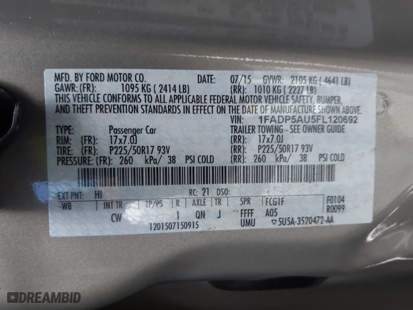 2015 Ford C-Max Hybrid SE with VIN 1FADP5AU5FL120692, listed as a IAAI auction lot 41590616 with 102,381 mi miles. Bid and sale history available at carsss.com. Image 9.