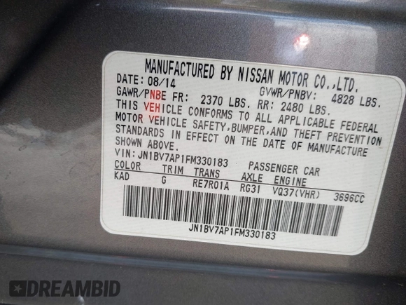 2015 Infiniti Q50 Premium with VIN JN1BV7AP1FM330183, listed as a IAAI auction lot 41788224 with 139,818 mi miles. Bid and sale history available at carsss.com. Image 9.