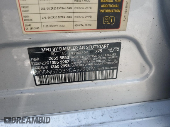 2013 Mercedes-Benz S 550 with VIN WDDNG7DB2DA522009, listed as a Copart auction lot 54538145 with Not Provided miles and Salvage Title. Bid and sale history available at DreamBid. Image 12.