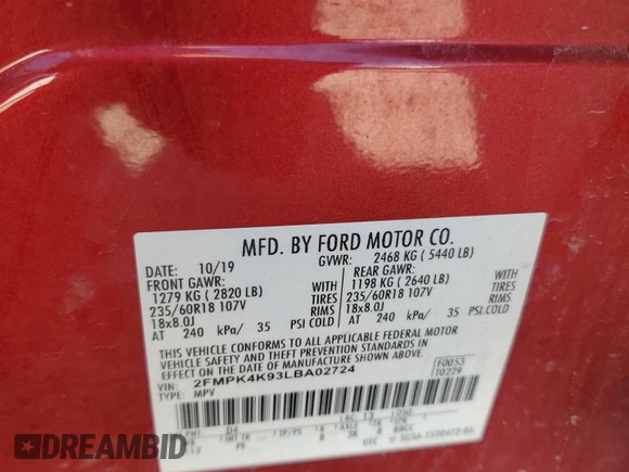 2020 Ford Edge Titanium with VIN 2FMPK4K93LBA02724, listed as a Copart auction lot 62760535 with 127,634 mi miles and Salvage title. Bid and sale history available at DreamBid. Image 12.