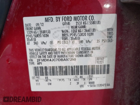 2013 Ford Edge SEL with VIN 2FMDK4JC7DBA97290, listed as a IAAI auction lot 41972863 with 159,058 mi miles. Bid and sale history available at carsss.com. Image 9.