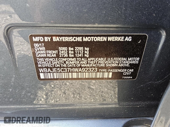 2017 BMW 5 Series 540i with VIN WBAJE5C37HWA92323, listed as a Copart auction lot 53340355 with 94,046 mi miles and Clean title. Bid and sale history available at DreamBid. Image 13.