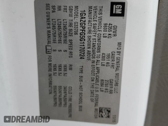 2016 Chevrolet Express Passenger LT with VIN 1GAZGPFG5G1170724, listed as a Copart auction lot 58849765 with Not provided miles and Salvage title. Bid and sale history available at DreamBid. Image 13.