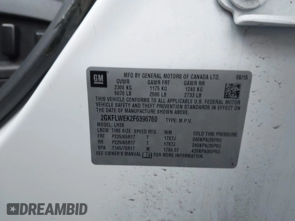 2015 GMC Terrain SLE with VIN 2GKFLWEK2F6396760, listed as a IAAI auction lot 41489978 with 104,229 mi miles and . Bid and sale history available at DreamBid. Image 9.