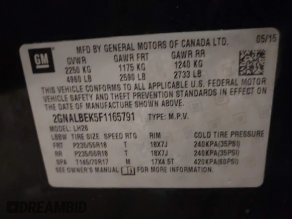 2015 Chevrolet Equinox LT with VIN 2GNALBEK5F1165791, listed as a IAAI auction lot 41894744 with 77,088 mi miles. Bid and sale history available at carsss.com. Image 9.