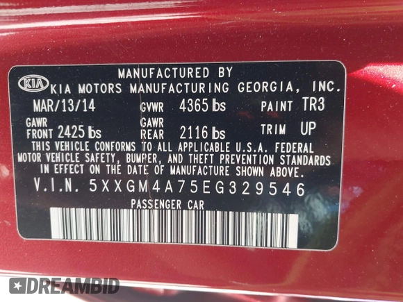 2014 Kia Optima LX with VIN 5XXGM4A75EG329546, listed as a IAAI auction lot 42159226 with 200,963 mi miles. Bid and sale history available at carsss.com. Image 9.