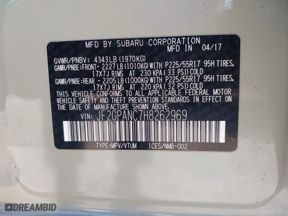 2017 Subaru Crosstrek Limited with VIN JF2GPANC7H8262969, listed as a IAAI auction lot 41817284 with 67,554 mi miles. Bid and sale history available at carsss.com. Image 9.