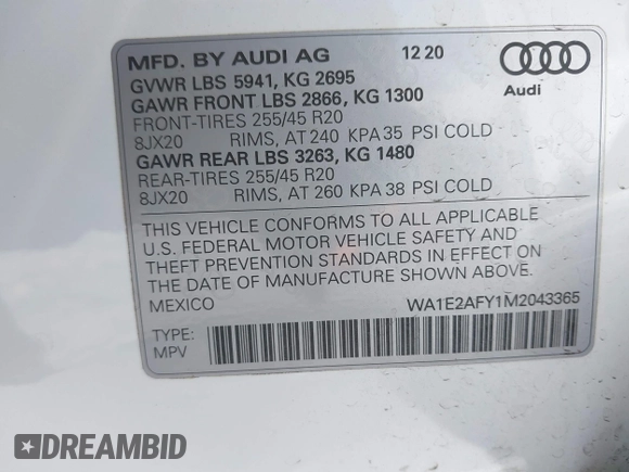 2021 Audi Q5 Premium Plus z VIN WA1E2AFY1M2043365, wystawiony jako IAAI lot #42286970 z przebiegiem 28 438 mil mil oraz . Historia ofert i sprzedaży dostępna na DreamBid. Obrazek 9.