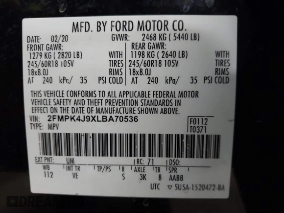 2020 Ford Edge SEL with VIN 2FMPK4J9XLBA70536, listed as a IAAI auction lot 41040622 with 79,235 mi miles. Bid and sale history available at carsss.com. Image 9.