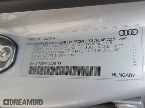 2016 Audi A3 1.8T Premium with VIN WAUA7GFF9G1028188, listed as a Copart auction lot 41716143 with 59,672 mi miles. Bid and sale history available at carsss.com. Image 13.