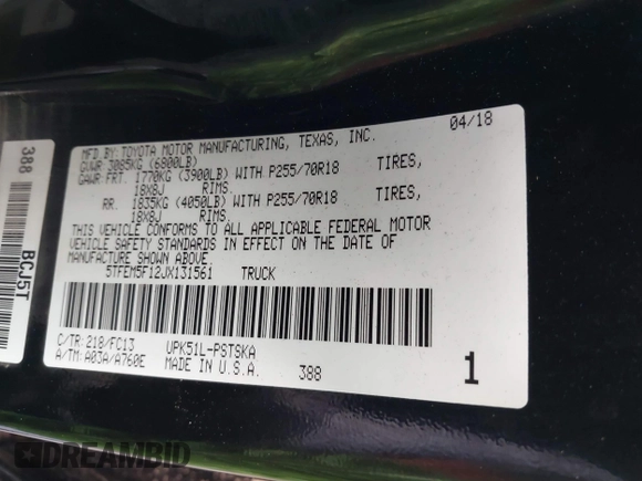 2018 Toyota Tundra 2WD SR5 with VIN 5TFEM5F12JX131561, listed as a IAAI auction lot 40731077 with 44,050 mi miles. Bid and sale history available at carsss.com. Image 9.