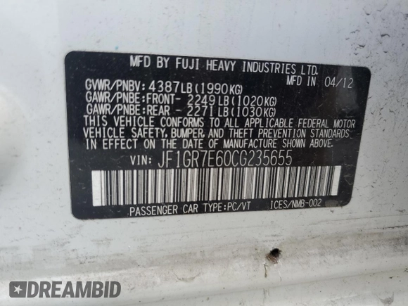 2012 Subaru WRX WRX Limited z VIN JF1GR7E60CG235655, wystawiony jako Copart lot #55921875 z przebiegiem 161 226 mil mil oraz Szkoda całkowita • Salvage title. Historia ofert i sprzedaży dostępna na DreamBid. Obrazek 12.