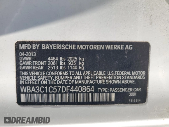 2013 BMW 3 Series 328i with VIN WBA3C1C57DF440864, listed as a Copart auction lot 63637135 with 132,306 mi miles and Salvage title. Bid and sale history available at DreamBid. Image 12.