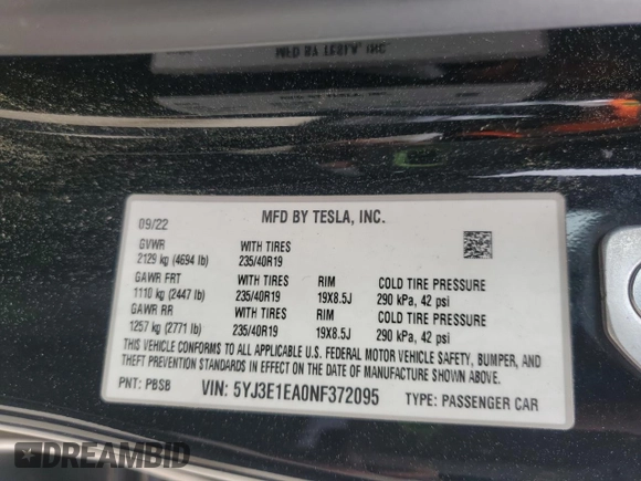 2022 Tesla Model 3 with VIN 5YJ3E1EA0NF372095, listed as a Copart auction lot 54958215 with 148,441 mi miles and Clean Title. Bid and sale history available at DreamBid. Image 12.