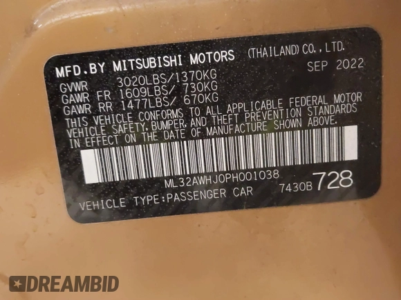 2023 Mitsubishi Mirage Black Edition with VIN ML32AWHJ0PH001038, listed as a IAAI auction lot 41363659 with 25,164 mi miles and . Bid and sale history available at DreamBid. Image 9.