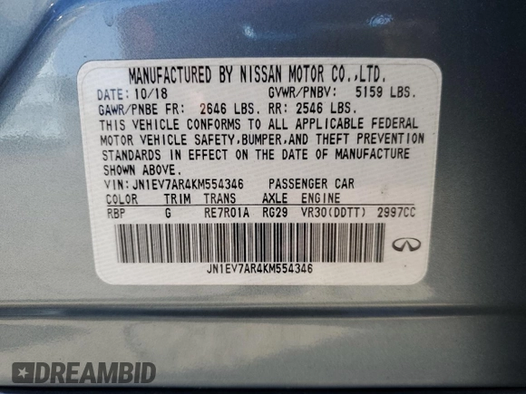 2019 Infiniti Q50 Luxe z VIN JN1EV7AR4KM554346, wystawiony jako Copart lot #53628745 z przebiegiem 57 795 mil mil oraz Szkoda całkowita • Salvage title. Historia ofert i sprzedaży dostępna na DreamBid. Obrazek 13.