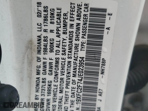 2018 Honda Civic EX with VIN 19XFC2F74JE023954, listed as a Copart auction lot 47771075 with Not Provided miles and Salvage Title. Bid and sale history available at DreamBid. Image 13.
