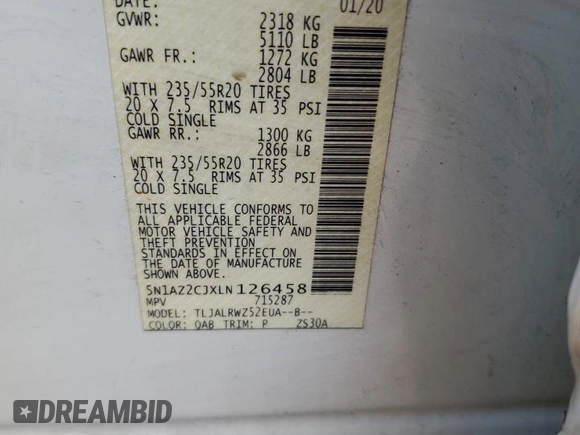 2020 Nissan Murano SL with VIN 5N1AZ2CJXLN126458, listed as a Copart auction lot 43722805 with 135,451 mi miles and Salvage title. Bid and sale history available at DreamBid. Image 13.