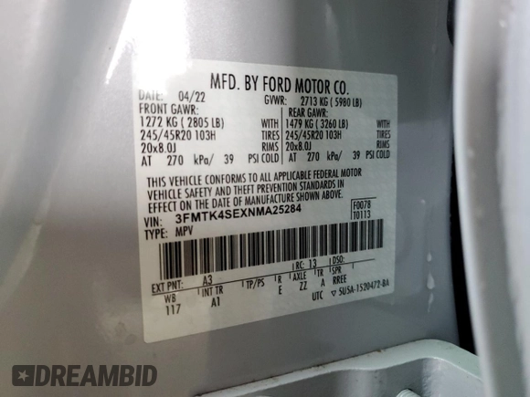 2022 Ford Mustang Mach-E GT with VIN 3FMTK4SEXNMA25284, listed as a Copart auction lot 56784195 with Not provided miles and Salvage title. Bid and sale history available at DreamBid. Image 13.