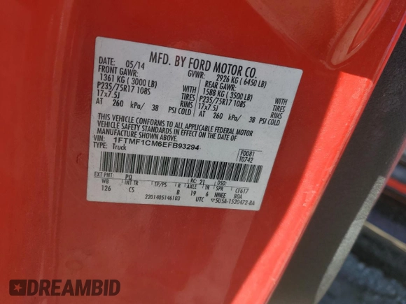 2014 Ford F-150 XL with VIN 1FTMF1CM6EFB93294, listed as a Copart auction lot 46037925 with 0 mi miles and Salvage Title. Bid and sale history available at carsss.com. Image 14.