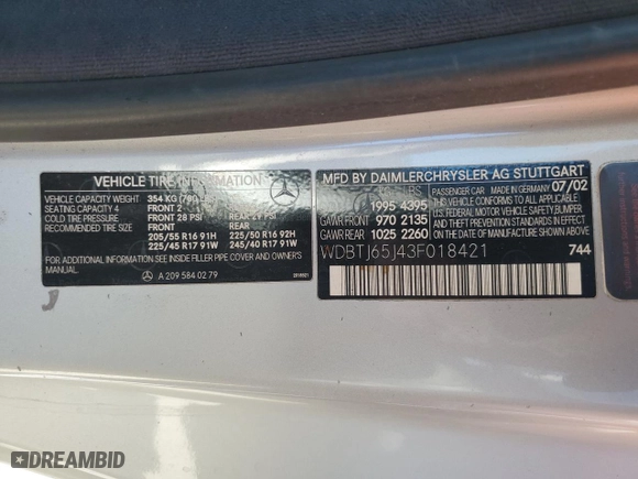 2003 Mercedes-Benz CLK-Class 3.2L with VIN WDBTJ65J43F018421, listed as a Copart auction lot 77991554 with 198,225 mi miles and Salvage Title. Bid and sale history available at carsss.com. Image 14.