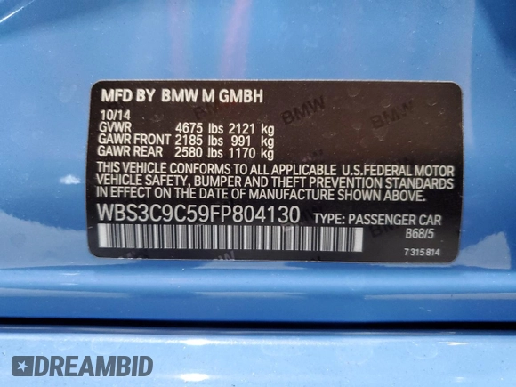 2015 BMW M3 with VIN WBS3C9C59FP804130, listed as a Copart auction lot 65192563 with 67,939 mi miles. Bid and sale history available at carsss.com. Image 14.