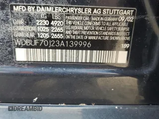 2003 Mercedes-Benz E-Class 5.0L with VIN WDBUF70J23A139996, listed as a Copart auction lot 73867614 with 0 mi miles and Non Repairable. Bid and sale history available at carsss.com. Image 13.