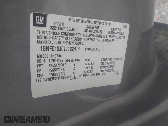 2007 Chevrolet Tahoe LT z VIN 1GNFC13J07J122414, wystawiony jako IAAI lot #39134539 z przebiegiem Nie podano mil oraz . Historia ofert i sprzedaży dostępna na DreamBid. Obrazek 9.