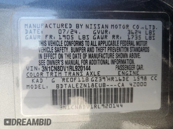 2024 Nissan Versa S with VIN 3N1CN8DV1RL920144, listed as a Copart auction lot 50057465 with 16,271 mi miles and Non Repairable. Bid and sale history available at DreamBid. Image 13.