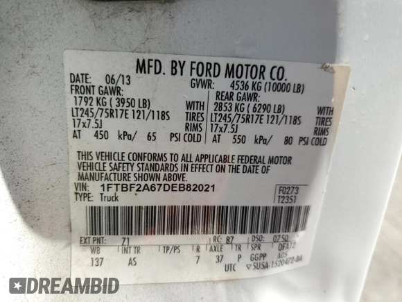 2013 Ford F-250 XL with VIN 1FTBF2A67DEB82021, listed as a Copart auction lot 88112675 with 94,405 mi miles and Salvage Title. Bid and sale history available at DreamBid. Image 12.