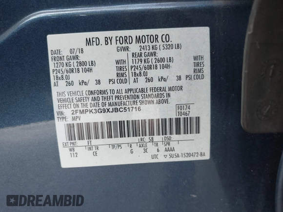 2018 Ford Edge SE с VIN 2FMPK3G9XJBC51716, выставлен на аукционе IAAI как лот 42679605 с пробегом 92 070 миль миль и . История ставок и продаж доступна на DreamBid. Изображение 9.