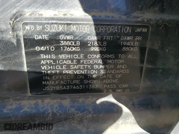 2010 Suzuki SX4 with VIN JS2YB5A37A6311383, listed as a Copart auction lot 46848505 with 102,062 mi miles and Clean Title. Bid and sale history available at carsss.com. Image 13.