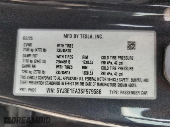 2025 Tesla Model 3 Long Range z VIN 5YJ3E1EA3SF979586, wystawiony jako Copart lot #54430125 z przebiegiem 3 530 mil mil oraz Szkoda całkowita • Salvage title. Historia ofert i sprzedaży dostępna na DreamBid. Obrazek 13.