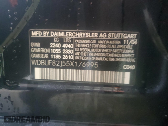 2005 Mercedes-Benz E 320 with VIN WDBUF82J55X176995, listed as a Copart auction lot 42928825 with 150,161 mi miles and Salvage Title. Bid and sale history available at DreamBid. Image 12.