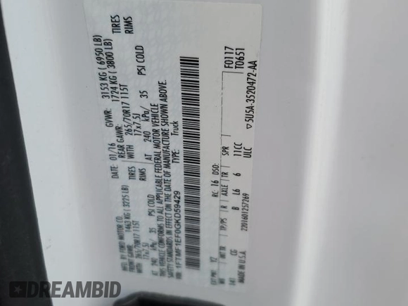2016 Ford F-150 XL with VIN 1FTMF1EF0GKD59429, listed as a Copart auction lot 43581125 with 40,994 mi miles and Salvage title. Bid and sale history available at DreamBid. Image 12.