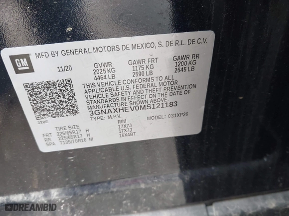 2021 Chevrolet Equinox LS with VIN 3GNAXHEV0MS121183, listed as a IAAI auction lot 41654743 with 52,593 mi miles. Bid and sale history available at carsss.com. Image 9.