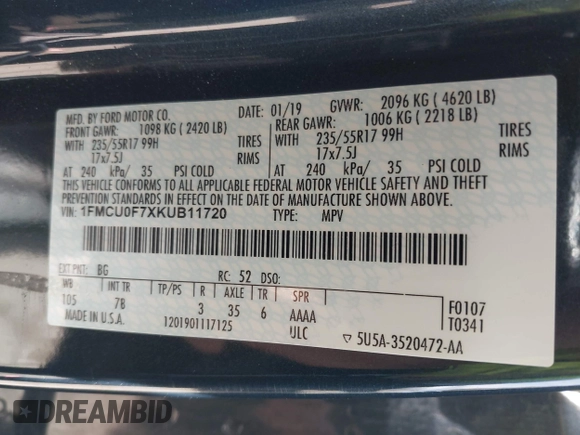 2019 Ford Escape S с VIN 1FMCU0F7XKUB11720, выставлен на аукционе IAAI как лот 41998032 с пробегом 149 058 миль миль и . История ставок и продаж доступна на DreamBid. Изображение 9.