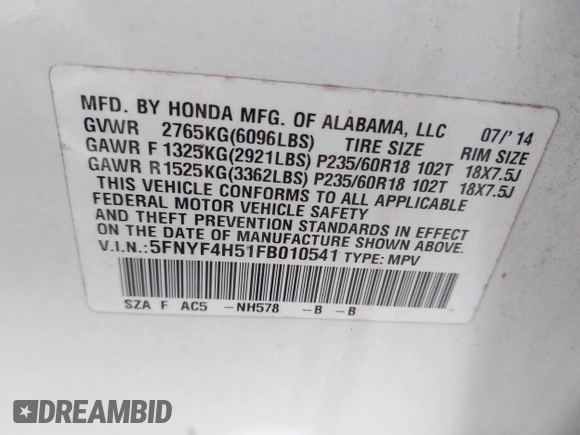 2015 Honda Pilot EX-L with VIN 5FNYF4H51FB010541, listed as a IAAI auction lot 40893246 with 215,295 mi miles and . Bid and sale history available at carsss.com. Image 9.