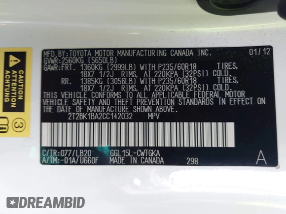 2012 Lexus RX 350 with VIN 2T2BK1BA2CC142032, listed as a IAAI auction lot 42503918 with 105,049 mi miles and . Bid and sale history available at DreamBid. Image 9.