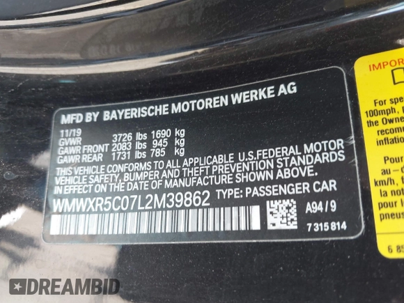 2020 MINI Hardtop Cooper S with VIN WMWXR5C07L2M39862, listed as a IAAI auction lot 42437482 with 39,336 mi miles and . Bid and sale history available at DreamBid. Image 9.