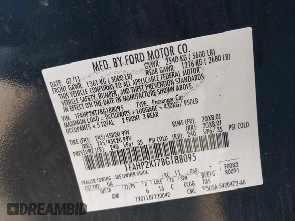 2011 Ford Taurus SHO z VIN 1FAHP2KT7BG188095, wystawiony jako IAAI lot #42180454 z przebiegiem 161 656 mil mil oraz . Historia ofert i sprzedaży dostępna na DreamBid. Obrazek 9.