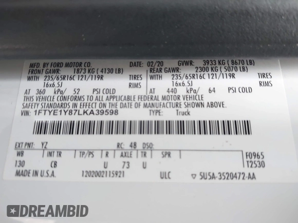 2020 Ford Transit Cargo with VIN 1FTYE1Y87LKA39598, listed as a IAAI auction lot 40989107 with 267,407 mi miles and . Bid and sale history available at DreamBid. Image 9.